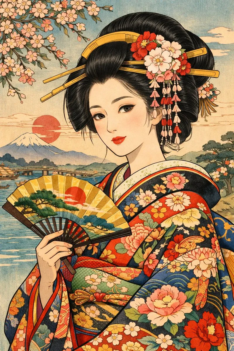 现代浮世绘风格美人插画
