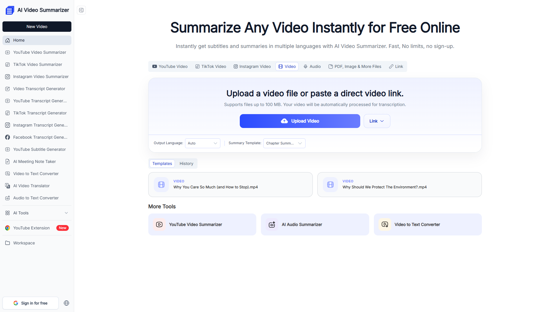 AI Video Summarizer product screenshot