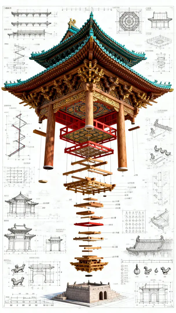西安钟楼古建结构分解蓝图