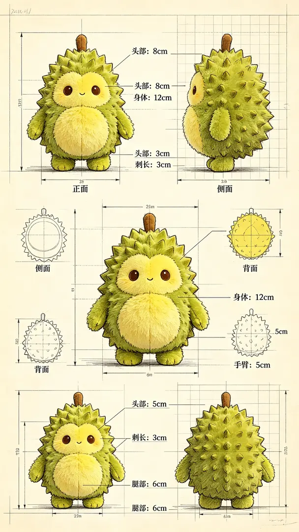 蓝图风格Q版榴莲精灵玩偶设计草图