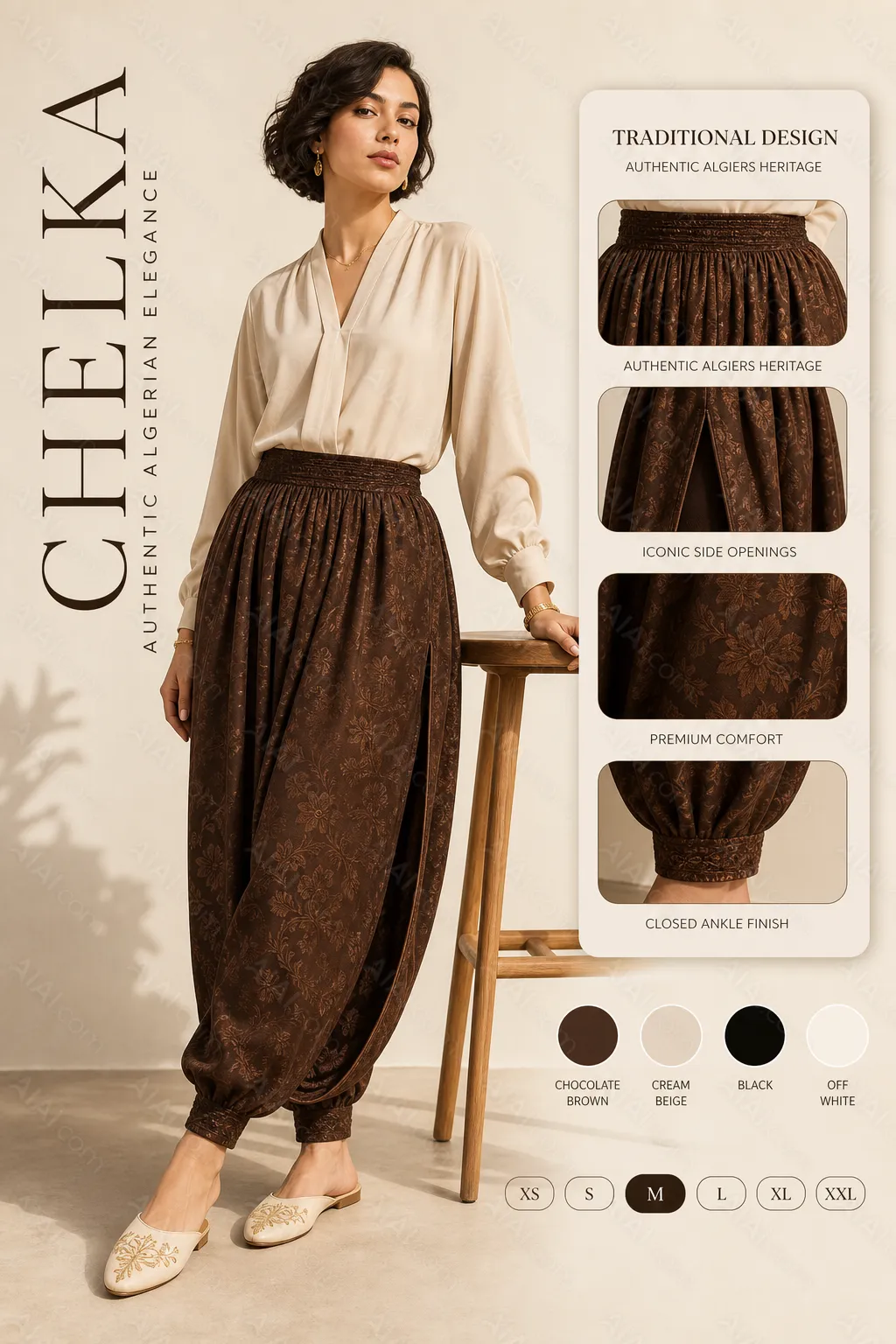 奢华女性时尚广告海报**，超高端编辑风格，灵感来自Max Mara、Massimo Dutti、COS和Zara的广告活动。柔和温暖的奶油米色渐变背景（#F4EFE8），带有微妙的深度、优雅阴影和干净简约的氛围。一位自信、优雅的年轻阿尔及利亚女性自然地站在极简木凳旁。她穿着**正宗的阿尔